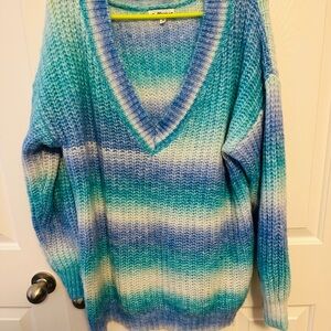 MACARON Aqua and White Gradient V-Neck Sweater